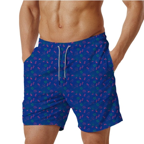 Quick dry Men’s swimming trunks blue with tropical print - Picture 3 of 6